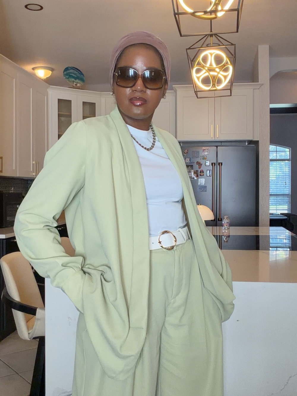SHEIN Sage Green Wide-Leg Pants with Draped Jacket
